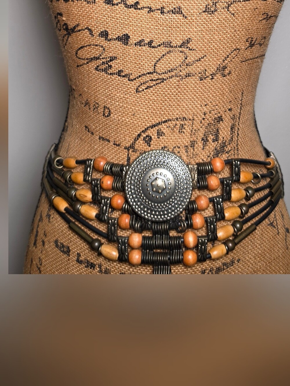 Boho Multi-Strand Beaded Waist Belt with Decorative Medallion - Tan/Orange